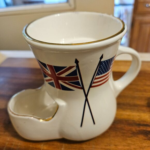 VINTAGE CERAMIC SHAVING MUG W/AMERICAN& BRITISH FLAGS IN ORIGINAL BOX - Picture 2 of 6
